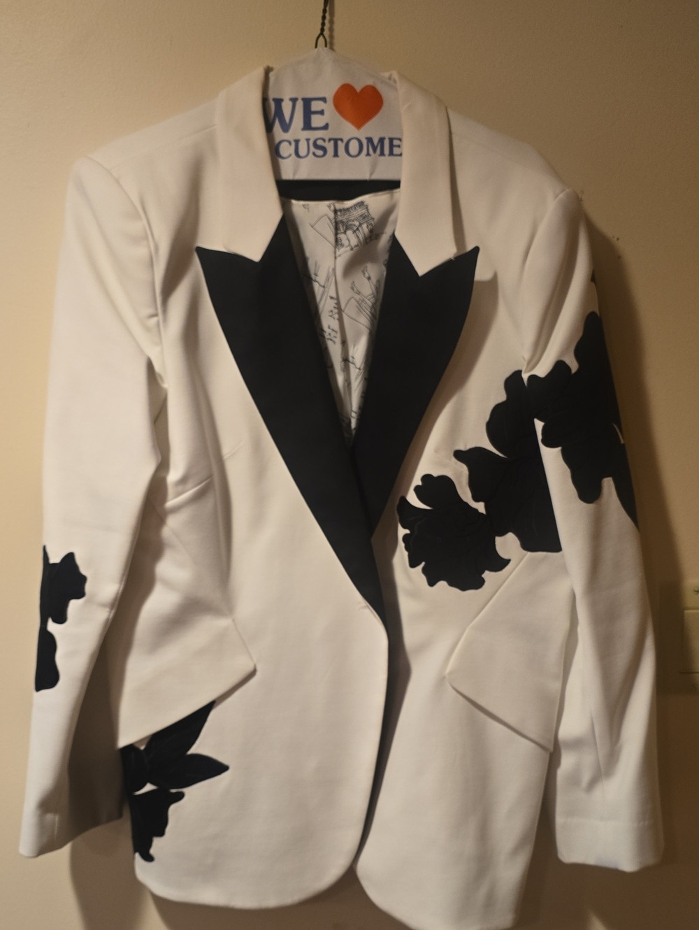 White House Black Market White Blazer with Black Floral Appliqué
